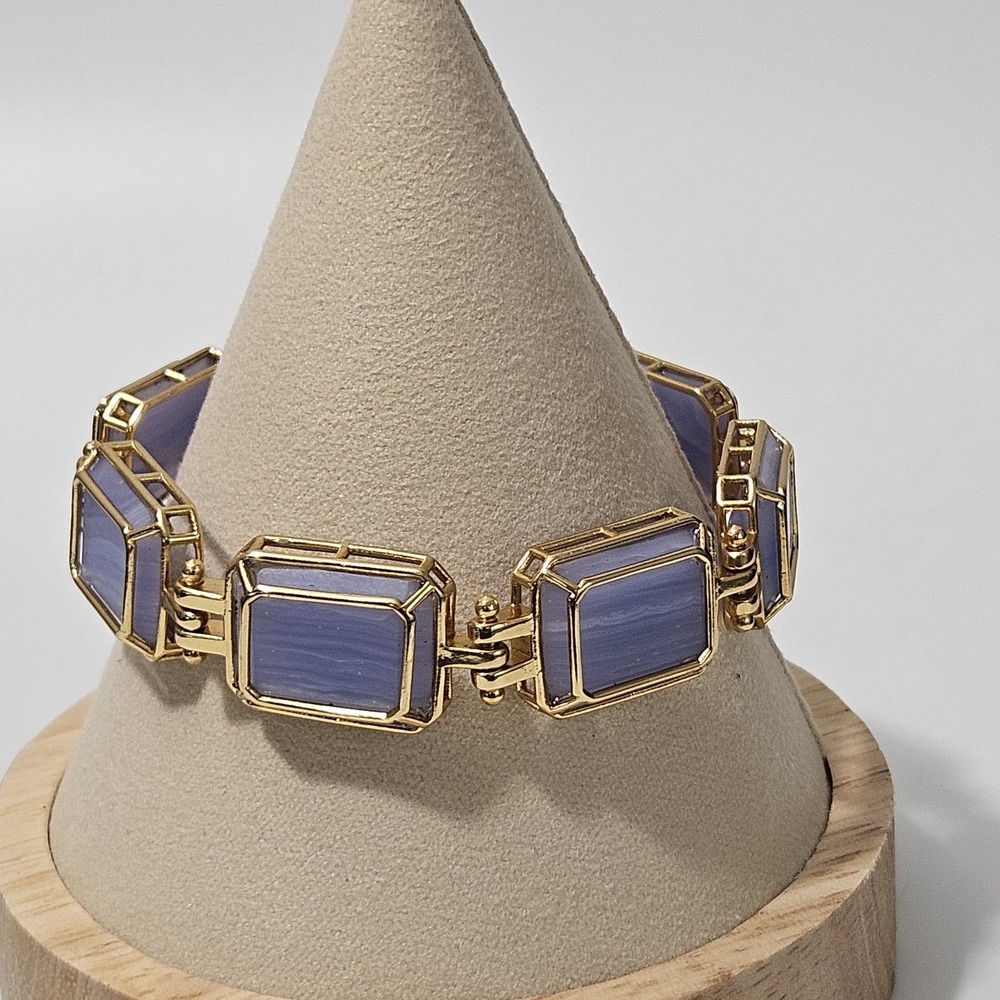 J Crew Blue Stone Bracelet Panel Link Goldtone Accent Fold over clasp 6.5"